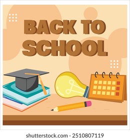Back to school concept. Realistic calendar, light bulb, book, pen and academic hat. Promo poster with place for text. flat vector modern illustration 