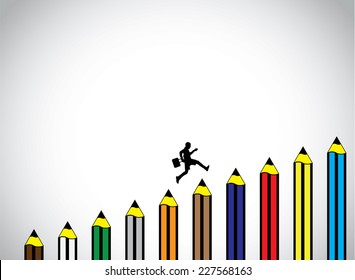 back to school concept with red blue green yellow colorful pencils success steps & young happy boy silhouette jumping from one to another pencil - education & schooling concept illustration artwork