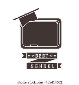 Back to school concept represented Chalkboard and graduation cap icon. Black and White illustration. 