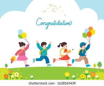 Back to school concept. A scene of kindergarten or elementary school students running happily in a flower field with balloons. Flat cartoon vector graphic illustration