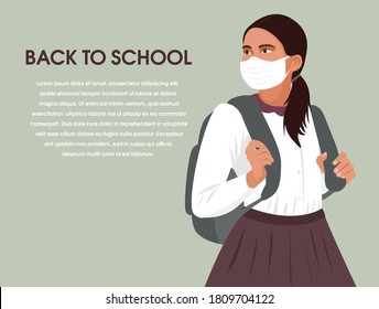 back to school concept, schoolgirl with protective face mask and going to school during coronavirus. New normal for education. girl go to school, flat design illustration. COVID-19 education. banner