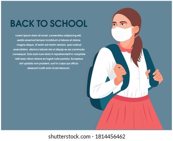 back to school concept, schoolgirl with protective face mask and going to school during coronavirus. New normal for education. blonde girl going to school, flat illustration. COVID-19 education banner