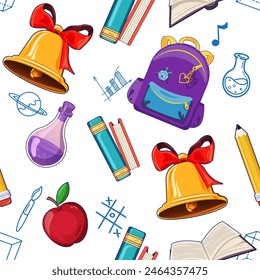 Back to school concept seamless pattern of design elements, school bell, backpack, books, and laboratory flask and doodles against white background.