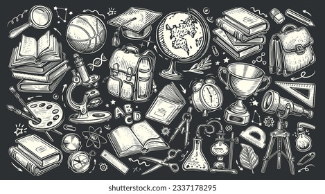 Back to school concept. Set of educational supplies drawn in chalk on a black school board. Vector illustration