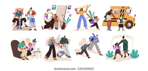 Back to school concept set. First day in primary class, children go study with mom, family. Parents choose kid uniform, supplies, late to bus, do homework. Flat isolated vector illustration on white