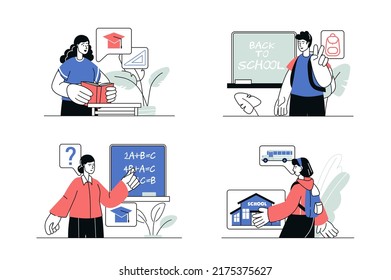 Back to school concept set in flat line design. Boys and girls teenagers study in classroom, read books, answer at blackboard, ride school bus. Vector illustration with outline people scene for web