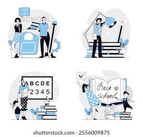 Back to school concept set in flat design for web. Collection with people studying at university or school classes, reading books, doing homework, pupils learning with teacher. Vector illustrations.