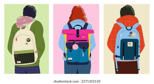 Back to school concept. Set of poster with students in stylish clothes with beautiful backpacks on shoulders. Education and study. Bag with school supplies. Cartoon flat vector illustration collection