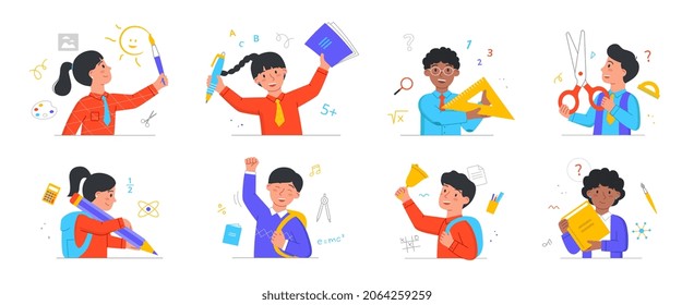Back to school concept. Set of small kids with notebooks, pens, rulers, books and bell. Schoolchildren go to class. Characters learning. Cartoon flat vector collection isolated on white background