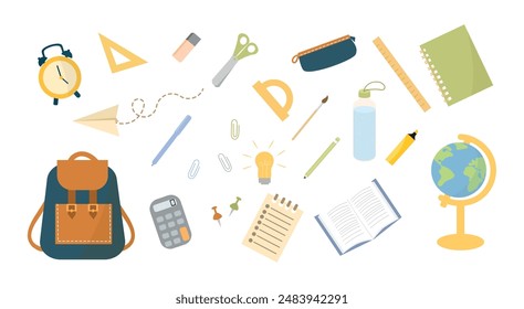 Back to school concept. Set of school supplies, accessories and tools. Stationery, calculator, rulers, pencil, globe and children backpack. Vector flat illustration in hand drawn style.