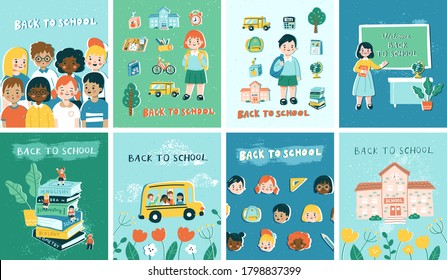 De vuelta al concepto escolar. Conjunto de ilustraciones vectoriales para un afiche, portada o una pancarta en estilo tierno de dibujos animados. Niños dibujados a mano, maestros, autobuses escolares, libros y suministros.