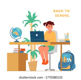 Back to school concept. Smiling girl sitting at desk in front of laptop studying. School backpack with school supplies, globe. Flat vector illustration.