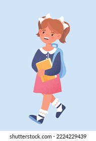 Back to school concept. Smiling girl in school uniform holds book and goes to lesson in classroom. Schoolgirl with backpack on shoulders. Education and training. Cartoon flat vector illustration