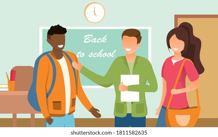 Back to School concept. Smiling happy student talking to his teacher and mother. Flat vector illustration
