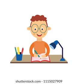 Back to school concept with smiling little schoolboy sitting at desk with opened note pad and writing with pen or pencil isolated on white background - flat cartoon vector illustration of student kid.