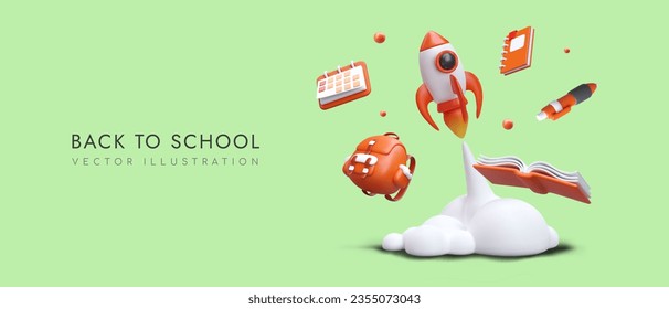 Back to school concept. Space rocket goes on journey among stationery. Beginning of new course, study. Horizontal banner on green background. Stationery store template. School, college advertisement