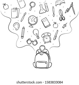 back to school concept. school stationary flowing in school bag. back to school doodle style with white background - vector