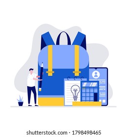 Back to school concept with student backpack and different school supplies. Modern vector illustration in flat style for landing page, mobile app, template, web banner, infographics, hero images.