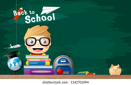 Volver a la escuela concepto de estudiante con libro en la ilustración vectorial del aula