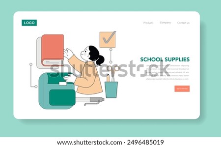 Back to school concept. Student organizes backpack with books and stationery for the new academic year. Modern education preparation. Vector illustration.