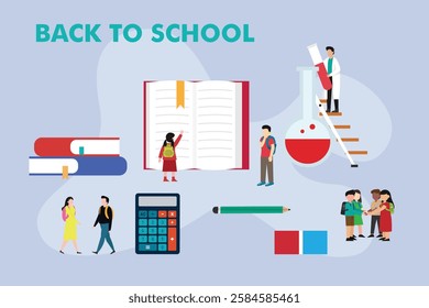 Back to School Concept with Students, Books, and Learning Materials 2d flat vector illustrations