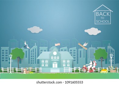 Back to school concept with Students cycling on the street in front of the school,vector and illustration.