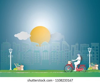 Back to school concept with Students cycling on the street coming to the school in the morning.vector and illustration.
