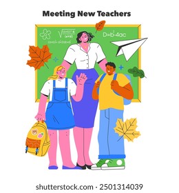 Back to School concept. Students enthusiastically meeting a new teacher in a classroom setting, symbolizing fresh academic beginnings. Vector illustration.