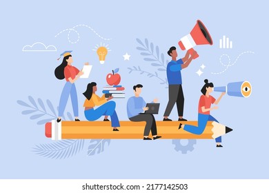 Back to school concept.  School students flying on pencil and looking for new education. Webinar or tutorial vector illustration