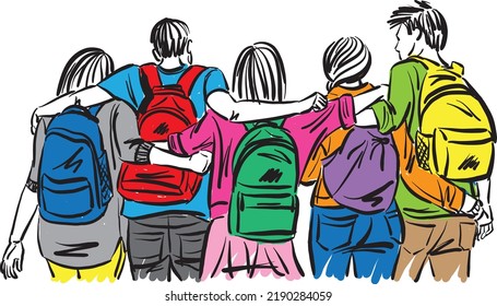 back to school concept students with back packs together friends friendship vector illustration