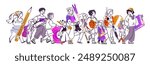 Back to school concept. Students walk with stationeries. Happy children go, kids hold pens, pencils. Group of pupils with books, tools. Education. Flat outline vector illustration on white background