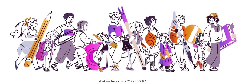 Back to school concept. Students walk with stationeries. Happy children go, kids hold pens, pencils. Group of pupils with books, tools. Education. Flat outline vector illustration on white background