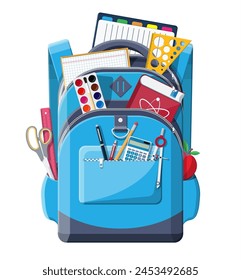 Back to school concept. School supplies in backpack. Books, paint, apple, calculator, pen, pencil, ruler. Education and study learning. Vector illustration in flat style