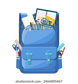 Back to school concept. School supplies in backpack. Books, paint, calculator, pen, pencil, ruler. Education and study learning. Vector illustration in flat style