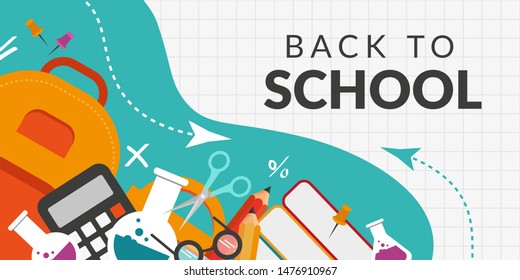 Back to school concept. School supplies banner. Backpack, books, pencils, magnifier, globe, calculator vector illustration