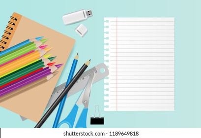 Back to school concept with school supplies and blank note paper on green background. Vector illustration
