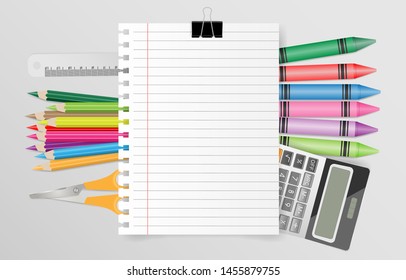 Back to school concept with school supplies and blank note paper on gray background. Vector illustration