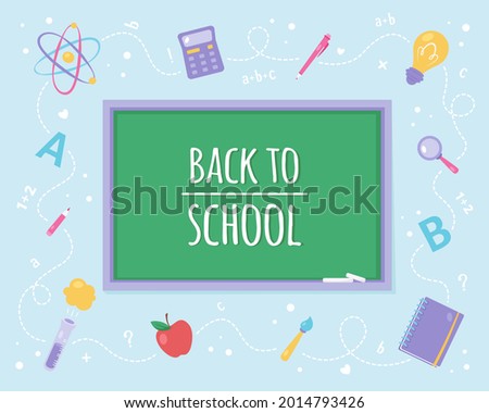 Back to school concept. School supplies and chalkboard background. Vector illustration.