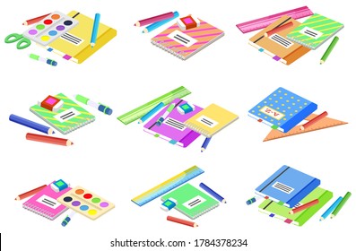 Back to school concept, supplies for lessons vector. Isometric cartoon of textbook and notebook, pencil and pen, paintbrush and ruler, palette of colors and scissors. Knowledge and education