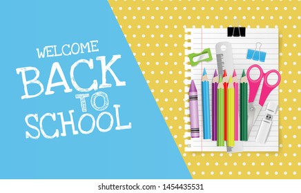 Back to school concept with school supplies on blue and yellow color background. Vector illustration