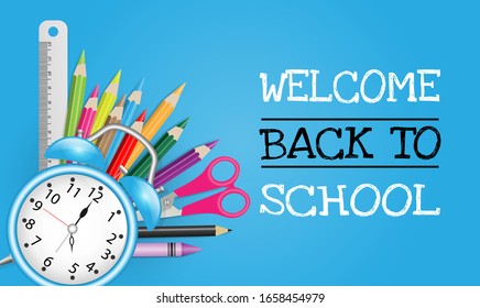 Back to school concept with school supplies on blue background. Vector illustration