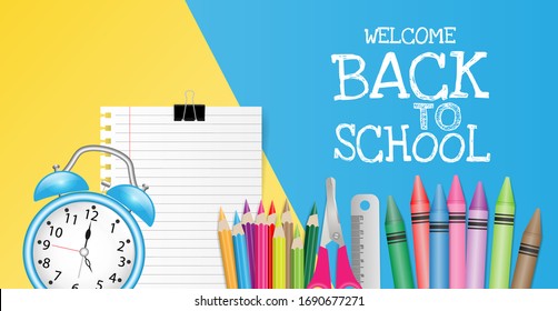 De vuelta al concepto escolar con material escolar de fondo azul y amarillo. Ilustración del vector