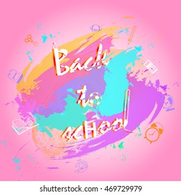 Back to school concept with school supplies on bright pink background. design template for banner, poster.  vector illustration.