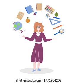 Back to school concept. Teacher woman standing and hold her hands to the sides and above them all the necessary items for school. Globe, magnifying glass, paints, books, notebooks, pencils. Flat.