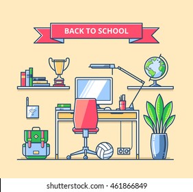 Back to school concept. Teenagers workspace with desk, computer, lamp, books, globe, cup, backpack etc. Child room interior. Trendy vector thin line illustration. Flat style.