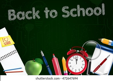 Back to school concept template with copy space. School accessories on chalkboard background. Vector illustration.
