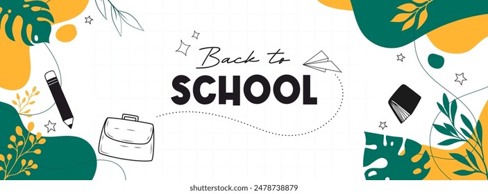 Back to school concept template design. With a linear design style. white background design with school bag, paper airplane and stationery elements. time to go back to school. education