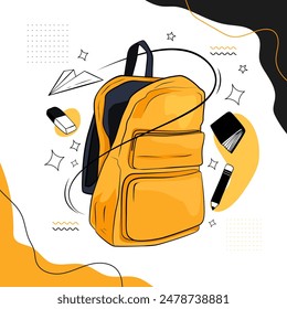 Back to school concept template design. With a linear design style. white background design with school bag, paper airplane and stationery elements. time to go back to school. education