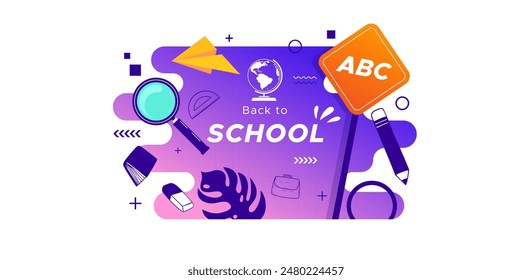 Back to school concept template design. With a linear design style. white background design with school bag, paper airplane and stationery elements. time to go back to school. education