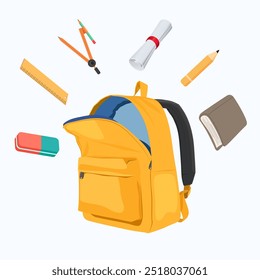 De volta ao design de modelo de conceito da escola. Com um estilo de design linear. design de fundo branco com saco de escola, avião de papel e elementos de papelaria. hora de voltar para a escola. educação